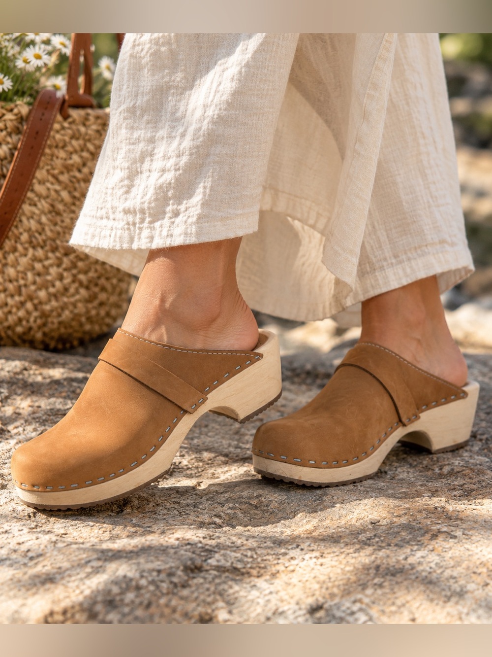 Lotta From Stockholm Swedish Wooden Clogs Tan Leather Size 40 / 9 EUC